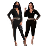 Fashion Casual Women's Zip Long Sleeve Two Piece Pants Set