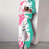 Autumn And Winter Women's Fashion Printed Casual Turtleneck Top Loose Trousers Two-Piece Set