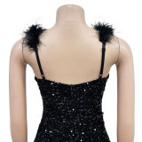 Fashion Women's Solid Color Feather Straps Sequin Sleeveless Short Party Dress（customized,MOQ 6pcs/size/color,process time 7-10 days）