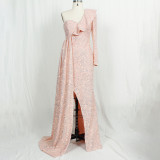 Winter African Women Dress Fashion One Shoulder Sequin Bridesmaid Dress Party Long Dress