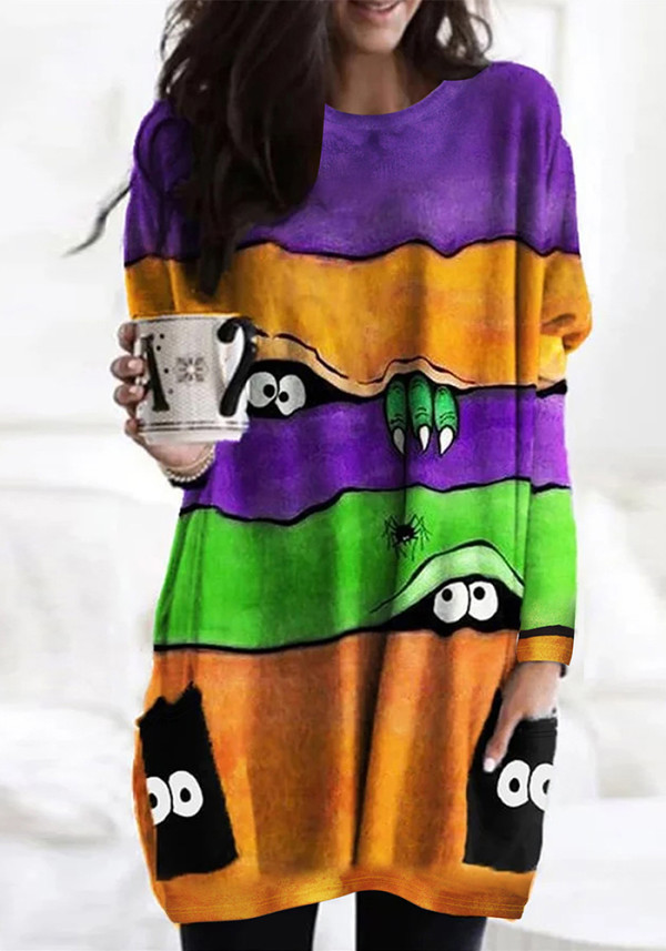 Halloween Printed Pocket Round Neck Long Sleeve Women's Top