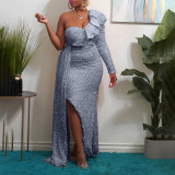 Winter African Women Dress Fashion One Shoulder Sequin Bridesmaid Dress Party Long Dress