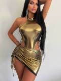 Women's Summer Glossy Sexy One Piece Bodysuit High Waist Drawstring Bodycon Skirt Two Piece Set