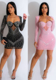 Women Sexy Long Sleeve Beaded Backless Hollow Solid Dress