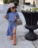 Girls Casual Solid Short Sleeve T-Shirt And Slit Skirt Two-piece Set