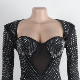 Women Sexy Long Sleeve Beaded Backless Hollow Solid Dress