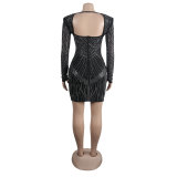 Women Sexy Long Sleeve Beaded Backless Hollow Solid Dress