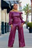Women Style Off Shoulder PU-Leather Top and Pant two-piece set