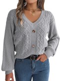 Women Casual Button Balloon Sleeve Sweater