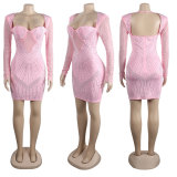 Women Sexy Long Sleeve Beaded Backless Hollow Solid Dress