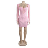 Women Sexy Long Sleeve Beaded Backless Hollow Solid Dress