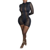 Women Sexy Mesh See-Through Long Sleeve Romper