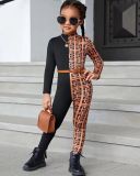 Girls Casual Long Sleeve Printed Color Block Plaid Jumpsuit
