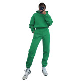 Women Solid Long Sleeve Hoodies and Casual Pants Two-piece Set