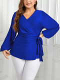 Plus Size Women Autumn V-neck Lace-up Long Sleeve Shirt