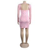Women Sexy Long Sleeve Beaded Backless Hollow Solid Dress
