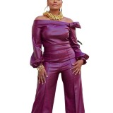 Women Style Off Shoulder PU-Leather Top and Pant two-piece set