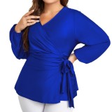 Plus Size Women Autumn V-neck Lace-up Long Sleeve Shirt