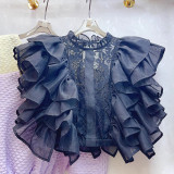 Women Summer French Ruffle Patchwork Crochet Hollow Stand Collar Lace Shirt