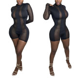 Women Sexy Mesh See-Through Long Sleeve Romper