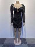 Women Sexy Long Sleeve Beaded Backless Hollow Solid Dress
