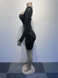 Women Sexy Long Sleeve Beaded Backless Hollow Solid Dress