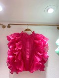 Women Summer French Ruffle Patchwork Crochet Hollow Stand Collar Lace Shirt
