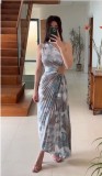 Women Printed One Shoulder Slash Shoulder Pleated Strappy Dress