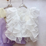 Women Summer French Ruffle Patchwork Crochet Hollow Stand Collar Lace Shirt