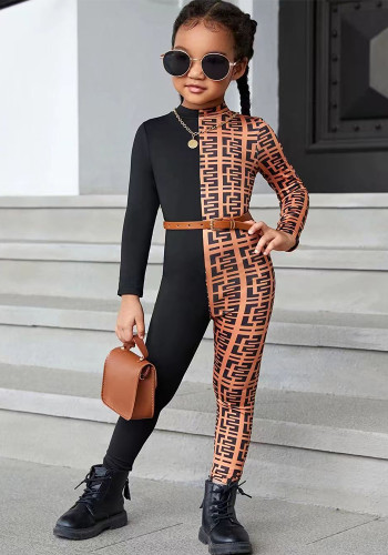Girls Casual Long Sleeve Printed Color Block Plaid Jumpsuit