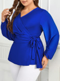 Plus Size Women Autumn V-neck Lace-up Long Sleeve Shirt
