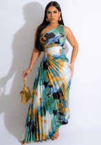 Women Printed One Shoulder Slash Shoulder Pleated Strappy Dress