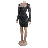 Women Sexy Long Sleeve Beaded Backless Hollow Solid Dress