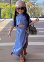 Girls Casual Solid Short Sleeve T-Shirt And Slit Skirt Two-piece Set