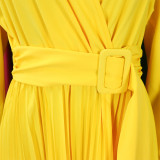 V-Neck Chic Elegant Slim Waist Belted Pleated High Waist Plus Size Dress