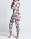 Autumn And Winter Button Flip Adult Pajamas Printed Christmas Long-Sleeved Home Clothes Jumpsuit