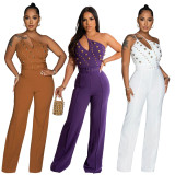 Women's Style Fashionable Solid Color Jumpsuit Slim One Shoulder One Piece Wide Leg Pants