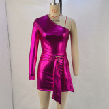 Women's Fashion Shiny Sexy One Shoulder Top Stretch Bodycon Skirt Two Piece Set