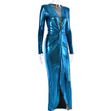 Sexy Chic V-Neck Long Sleeve Patchwork Pleated Leather Dress