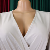 V-Neck Chic Elegant Slim Waist Belted Pleated High Waist Plus Size Dress