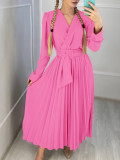 V-Neck Chic Elegant Slim Waist Belted Pleated High Waist Plus Size Dress