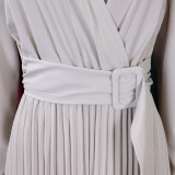 V-Neck Chic Elegant Slim Waist Belted Pleated High Waist Plus Size Dress