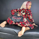 Autumn And Winter Women's Cartoon Pattern Printed Contrast Color Zipper Jumpsuit Home Pajamas