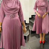 Autumn Women's Fashion African Plus Size Solid Color Pleated Dress