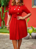 Women's Autumn And Winter African Chic Solid Color Button Pleateddress