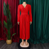 V-Neck Chic Elegant Slim Waist Belted Pleated High Waist Plus Size Dress