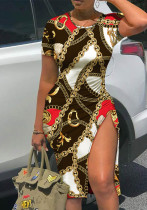 Sexy Chain Print Short Sleeve Drawstring Irregular Casual Dress Sexy Chain Print Short Sleeve Drawstring Irregular Casual Dress