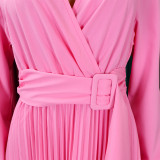V-Neck Chic Elegant Slim Waist Belted Pleated High Waist Plus Size Dress