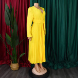 V-Neck Chic Elegant Slim Waist Belted Pleated High Waist Plus Size Dress