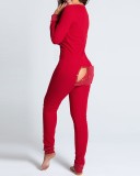 Autumn And Winter Button Flip Adult Pajamas Printed Christmas Long-Sleeved Home Clothes Jumpsuit